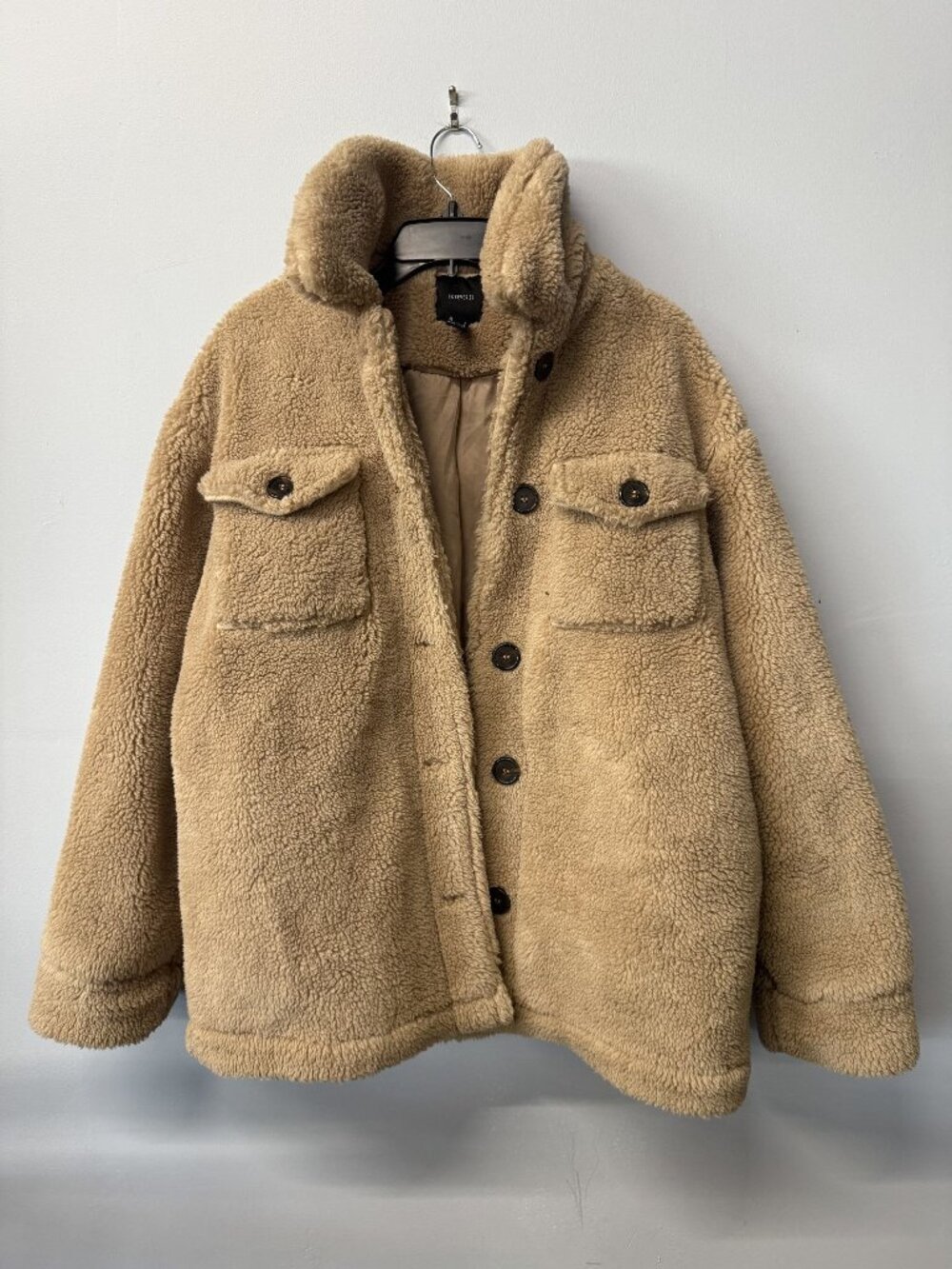 Forever 21 Womens Beige Teddy Sherpa Button-Up Jacket With Chest Pockets & High